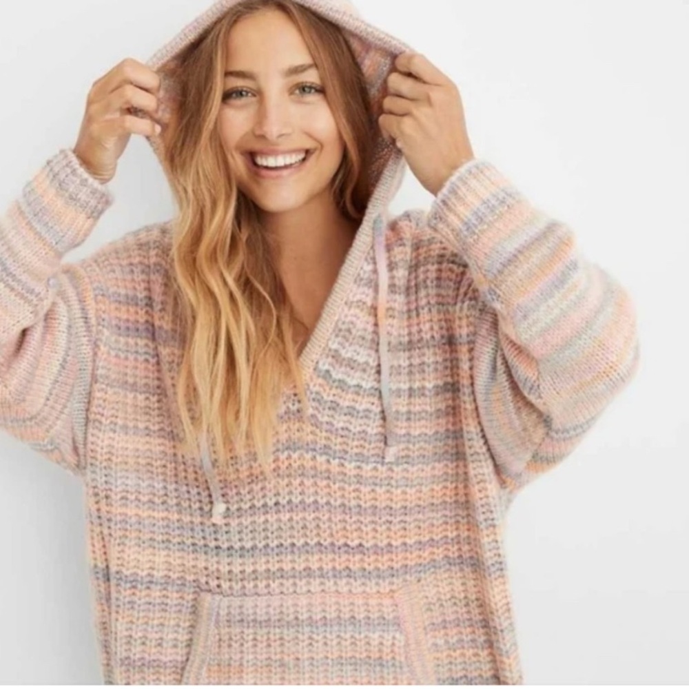 Aerie Space Dye Pastel Hooded Knit Oversized Sweater Wool‎ Blend